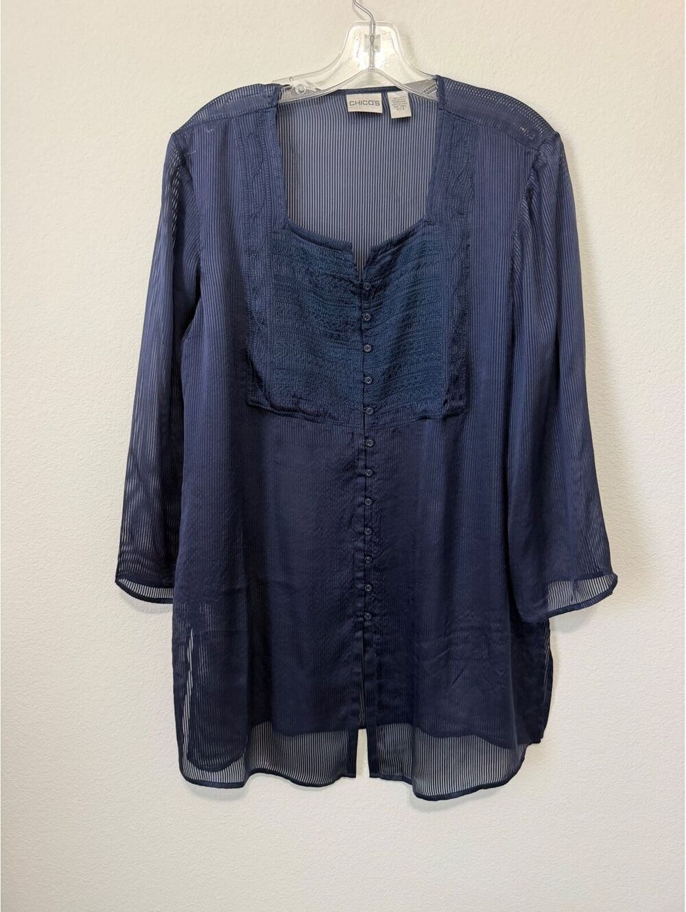 Chico’s 3/4 Sleeve Embroidered 100% Silk Sheer Striped Tunic Blouse Size 2 (L)